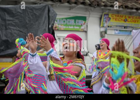 The arrival of the Ipial family to the Multicolor Carnival of the Border, is a tribute to the first founding indigenous families of the city. Ipiales, Stock Photo