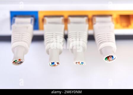 Cut Internet cables into the router, close-up. Stock Photo