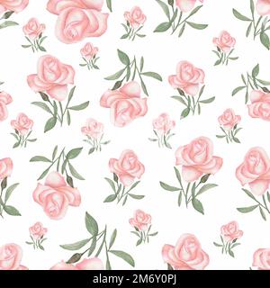 Watercolor seamless pattern with roses flowers. Hand drawn pattern in Vintage style.Seamless spring and summer pattern.Pale pink rose. Stock Photo