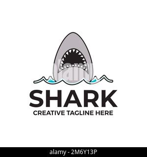 Linear illustration of shark with opened mouth swimming in ocean Stock Vector