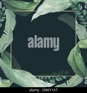 Gold frame decorated with hand drawn tropical leaves on a dark green background vector Stock Vector