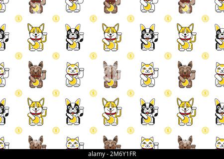 Lucky cat with bulldog, corgi, Yorkshire pattern Stock Vector