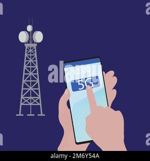 5g technology illustration having tower and smart phone in man hand Stock Vector