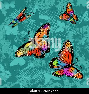 Seamless blue grunge background with blots and rainbow butterflies. Vector illustration Stock Vector