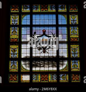 Cuban stained glass national crest, Cienfuegos Cuba.The Cuban coat of arms is the official heraldic symbol of Cuba. Stock Photo
