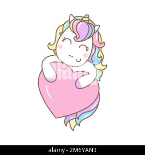 A cute rainbow unicorn is holding a heart. Vector illustration Stock Vector
