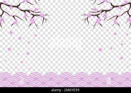 Sakura blossom branch. Falling petals, flowers. Isolated flying realistic japanese pink cherry or apricot floral elements fall down vector background. Stock Vector