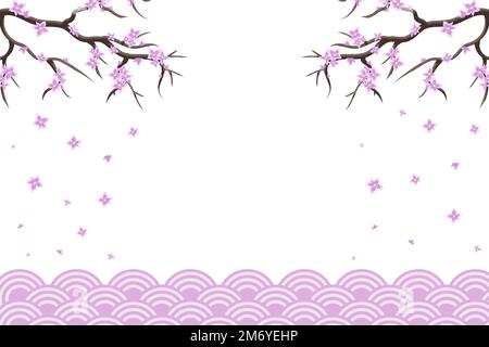 Sakura blossom branch. Falling petals, flowers. Isolated flying realistic japanese pink cherry or apricot floral elements fall down vector background. Stock Vector