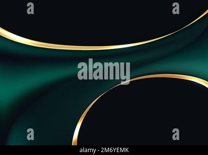Abstract 3D liquid or fluid green emerald metallic color with lighting effect with golden ribbon lines isolated on black background luxury style. Vect Stock Vector