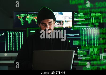 Informatic hacker man coding a internet virus to attack the cyber security system typing with laptop computer, at background a lot of pc screens with data code. Cyber security concept. High quality photo Stock Photo