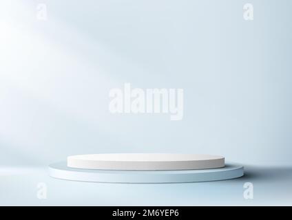 3D realistic empty blue and white podium cylinder shape product display with lighting on minimal wall scene soft blue background. You can use for cosm Stock Vector