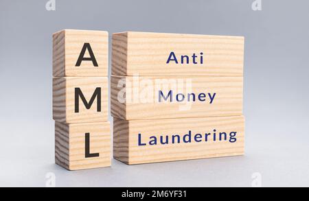 AML Anti money laundering text on wooden blocks on gray background ...