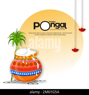 South Indian harvest festival greeting background. Happy Pongal Celebration Banner Image of beautiful Pongal pot with sugarcane and hanging oil lamp. Stock Vector