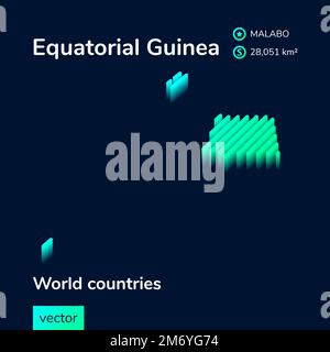 Equatorial Guinea 3D map. Stylized striped vector isometric map is in neon green and mint colors on the dark blue background Stock Vector