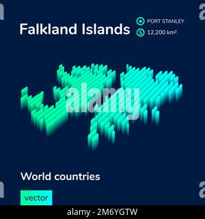 Falkland Islands 3D map. Stylized striped neon digital isometric vector Map of Falkland Islands is in green and mint colors on the dark blue Stock Vector