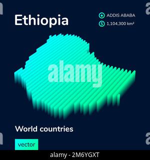Stylized isometric striped vector Ethiopia 3D map in green, turquoise and mint colors on the dark blue background Stock Vector