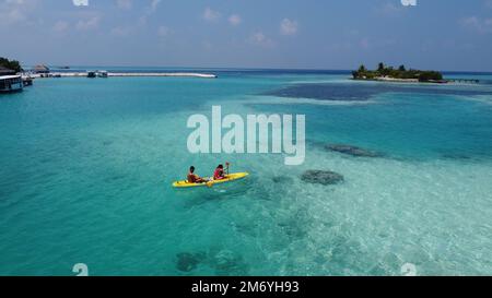 Maldives beautiful drone aerial footage clear blue skies with perfect tropical weather Stock Photo