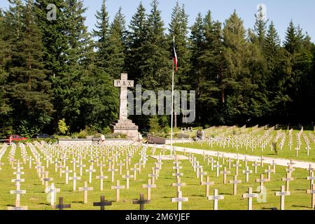 WW2 cemetery.Rows of white crosses at WWII cemetery in France. French war memorial.Large cemetery in full sun Stock Photo