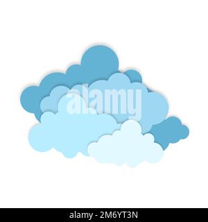 Blue paper cut out cloud icons, signs,weather symbols. Paper cut lot of clouds. Sunny day clouds. Creative paper craft art style, vector illustration. Stock Vector