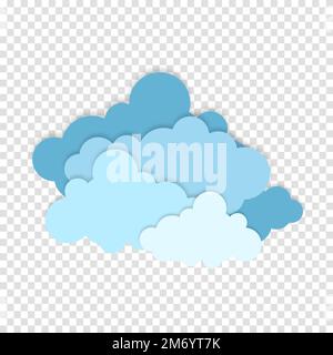 Blue paper cut out cloud icons, signs,weather symbols. Paper cut lot of clouds. Sunny day clouds. Creative paper craft art style, vector illustration. Stock Vector