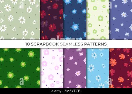 Set trendy seamless patterns with hand drawn decorative flowers. Floral vector patterns for textile, print, gift wrap, manufacturing. Stock Vector