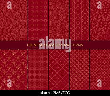 Set of 10 patterns in chinese style. Vector collection of asian backgrounds. Chinese seamless pattern collection. Decorative wallpaper. Stock Vector
