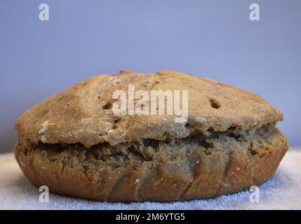 Isolated Homemade Organic Rye Sourdough Baked Round Loaf Bread Monster Stock Photo