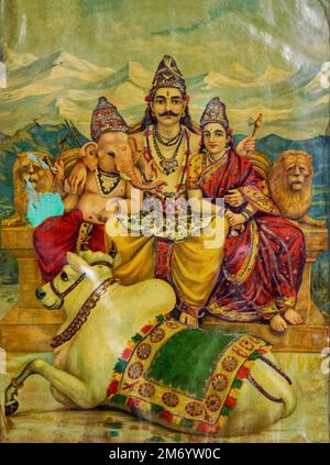 Lord Shiva Sitting on the Bull with Parvati and Ganesha