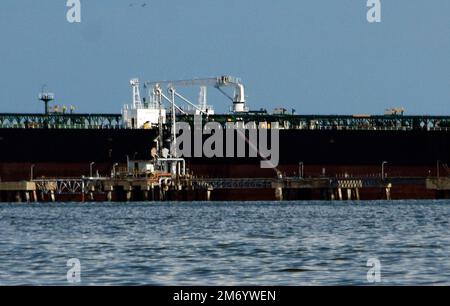 Two oil tankers, the Kerala and Fiorella, load crude oil at the Bajo Grande Refinery facilities, on Lake Maracaibo today, Thursday, January 5, 2023, in Zulia, Venezuela. The US oil company, Chevron Corp, sent two ships to Venezuela to acquire the first shipment of crude oil, after four years. One of them bound for the Pasacagoula refinery, Mississippi in the United States. The shipment of these vessels is given. after the US authorization to Chevron, through the General License of Venezuela (GL) 41, valid for six months. To resume 'limited operations' in the country, and which will be automati Stock Photo