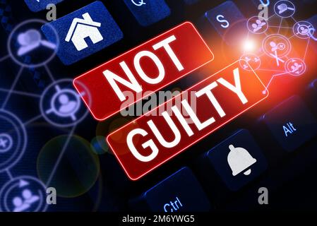 Text caption presenting Not Guilty. Business idea someone is innocent didnt commit specific crime He free Stock Photo