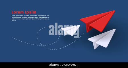 Red Paper plane symbol message sending with white paper planes and dashed line, email 3d composition, render style Stock Vector