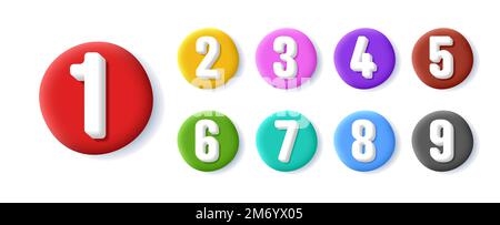 3d colourful number bullet points set 1 to 9 isolated in circles, list items children cartoon graphic Stock Vector