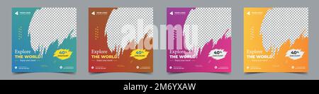 Travel agency social media post template design. Set of web banner, flyer or poster for travel agency. Digital advertising banner promotion. Stock Vector