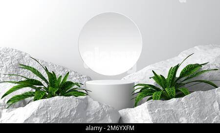 Simple product placement background On white geometry Decorated with big green trees And large rocks Abstract natural style. 3D Scene. Stock Photo