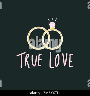 True love typography with wedding rings vector Stock Vector