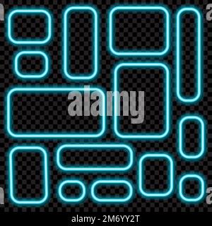 Set of square neon light on a transparent background. Neon frame design. Vector illustration. Stock Vector