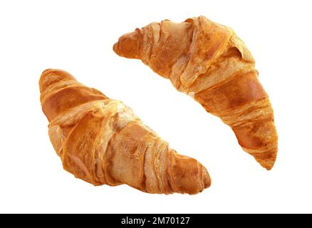 Freshly baked crispy traditional french croissants isolated on white background. Delicious breakfast pastries 3D design elements with homemade baked t Stock Photo