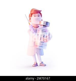 3D doctor cartoon character wearing medical mask, holding covid-19 vaccine vial, syringe. Medicine doctor staff 3d clip art illustration isolated. Cor Stock Photo