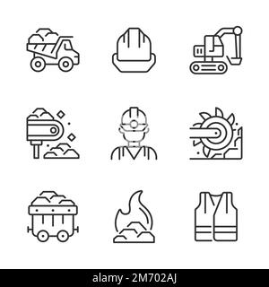 Coal extraction pixel perfect linear icons set Stock Vector