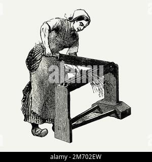 European woman working with vintage scutcher machine engraving vector Stock Vector