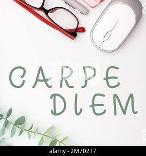 Sign displaying Carpe Diem. Word for public festival which people play music and dance Stock Photo