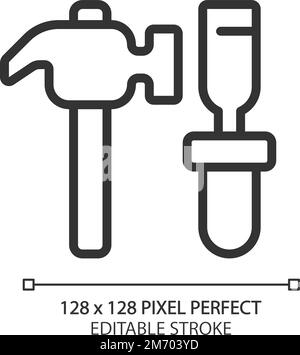 Hammer and chisel pixel perfect linear icon Stock Vector