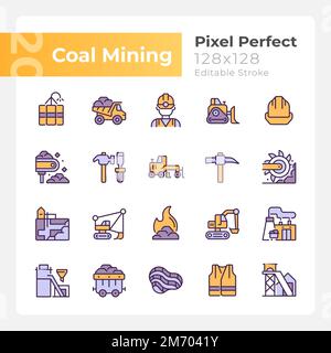 Coal mining pixel perfect RGB color icons set Stock Vector