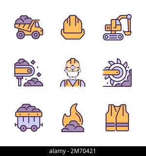 Coal extraction pixel perfect RGB color icons set Stock Vector