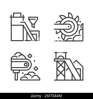 Coal mining process pixel perfect linear icons set Stock Vector