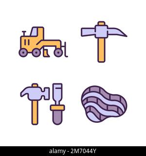 Quarry mining pixel perfect RGB color icons set Stock Vector