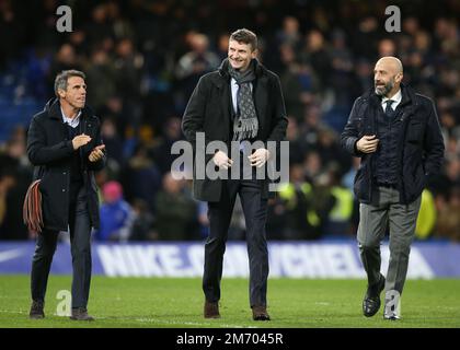 Stamford Bridge, London, UK. 12th Feb, 2018. EPL Premier League football, Chelsea versus West Bromwich Albion; Chelsea legends Gianfranco Zola, Tore Andre Flo and Gianluca Vialli take a lap around Stamford Bridge during the half time break Credit: Action Plus Sports/Alamy Live News Stock Photo