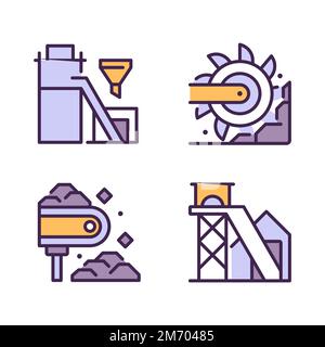Coal mining process pixel perfect RGB color icons set Stock Vector