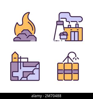 Coal processing pixel perfect RGB color icons set Stock Vector