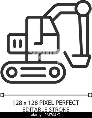 Excavator pixel perfect linear icon Stock Vector
